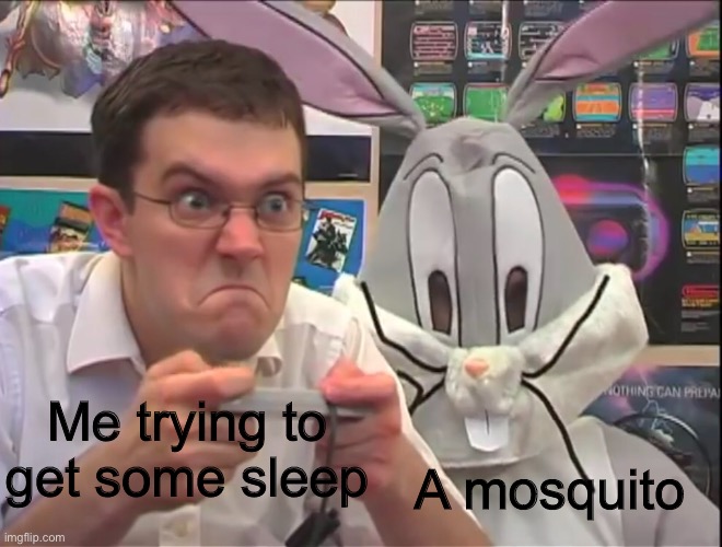 Can’t think of a title lol | A mosquito; Me trying to get some sleep | image tagged in bugs bunny behind the nerd | made w/ Imgflip meme maker