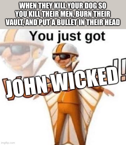 Amazin movie, 10/10 | WHEN THEY KILL YOUR DOG SO YOU KILL THEIR MEN, BURN THEIR VAULT, AND PUT A BULLET IN THEIR HEAD; JOHN WICKED | image tagged in you just got vectored | made w/ Imgflip meme maker