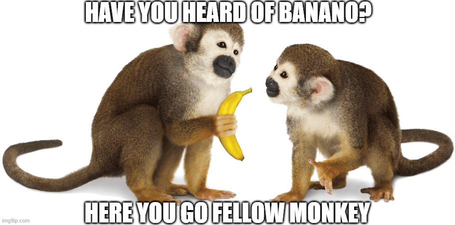 Banano | HAVE YOU HEARD OF BANANO? HERE YOU GO FELLOW MONKEY | image tagged in monkey giving banana | made w/ Imgflip meme maker