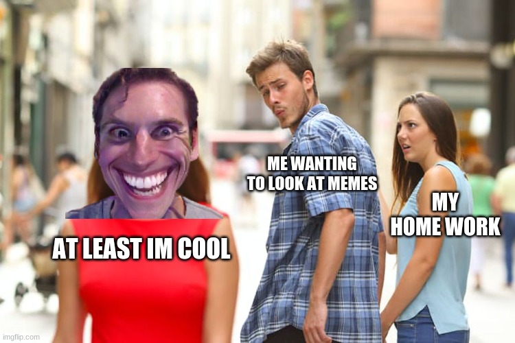 Distracted Boyfriend | ME WANTING TO LOOK AT MEMES; MY HOME WORK; AT LEAST IM COOL | image tagged in memes,distracted boyfriend | made w/ Imgflip meme maker