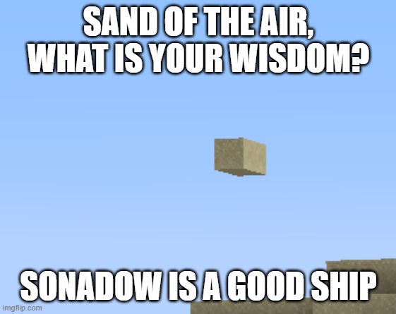 Sand of the Air, what is your wisdom? | SAND OF THE AIR, WHAT IS YOUR WISDOM? SONADOW IS A GOOD SHIP | image tagged in sand of the air what is your wisdom | made w/ Imgflip meme maker