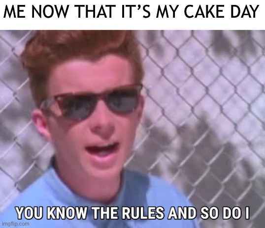 Rick astley you know the rules | ME NOW THAT IT’S MY CAKE DAY | image tagged in rick astley you know the rules | made w/ Imgflip meme maker