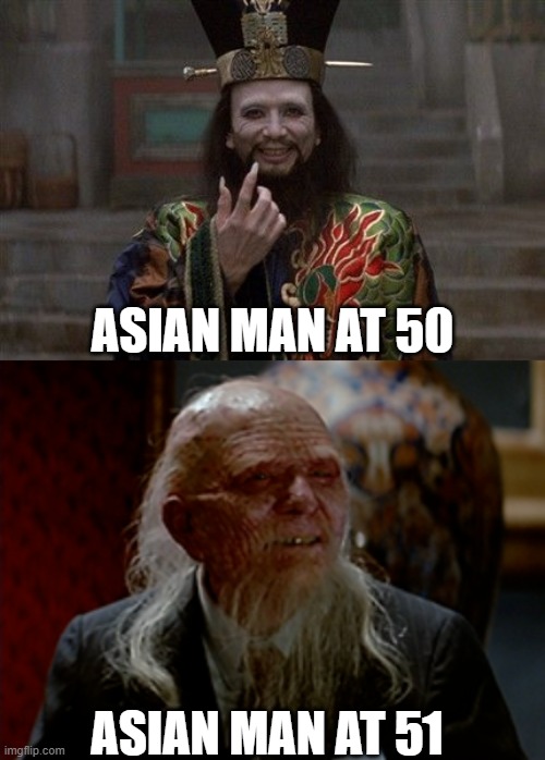 The difference a year makes | ASIAN MAN AT 50; ASIAN MAN AT 51 | image tagged in lopan btilc,blink of an eye,asian stereotypes,old age | made w/ Imgflip meme maker