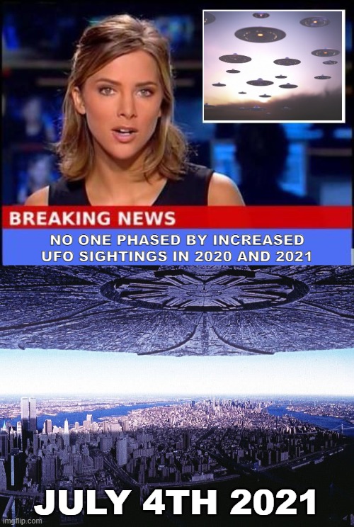 Someone get Jeff Goldblum on the phone! | NO ONE PHASED BY INCREASED
UFO SIGHTINGS IN 2020 AND 2021; JULY 4TH 2021 | image tagged in breaking news,ufos,independence day,alien invasion | made w/ Imgflip meme maker