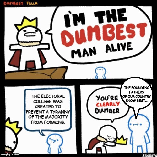 I'm the dumbest man alive | THE FOUNDING FATHERS OF OUR COUNTRY KNOW BEST... THE ELECTORAL COLLEGE WAS CREATED TO PREVENT A TYRANNY OF THE MAJORITY FROM FORMING. | image tagged in i'm the dumbest man alive | made w/ Imgflip meme maker