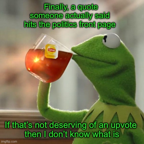 But That's None Of My Business Meme | Finally, a quote someone actually said 
hits the politics front page If that’s not deserving of an upvote 
then I don’t know what is | image tagged in memes,but that's none of my business,kermit the frog | made w/ Imgflip meme maker