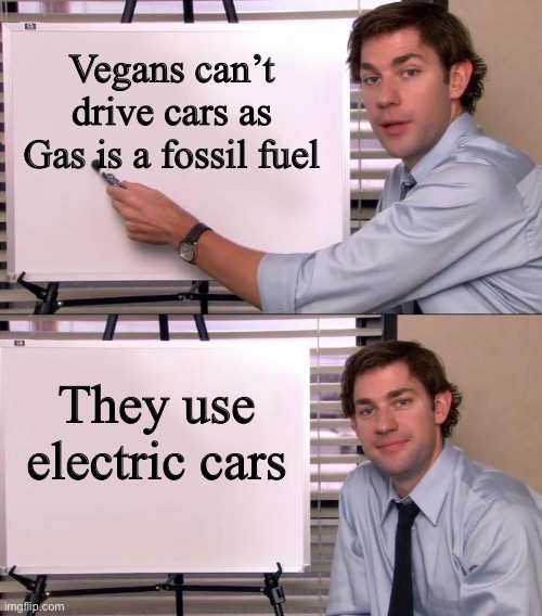 Now I’m not a vegan, but that is a really good point. | Vegans can’t drive cars as Gas is a fossil fuel; They use electric cars | image tagged in jim halpert explains,vegan,cars,car,electric,gas | made w/ Imgflip meme maker