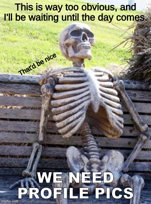 TAKE MY ADVICE. | This is way too obvious, and I'll be waiting until the day comes. That'd be nice; WE NEED PROFILE PICS | image tagged in memes,waiting skeleton | made w/ Imgflip meme maker