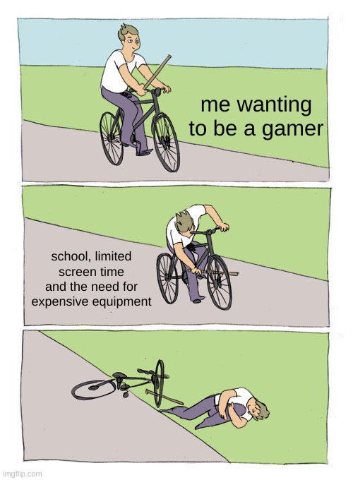 Bike Fall | me wanting to be a gamer; school, limited screen time and the need for expensive equipment | image tagged in memes,bike fall | made w/ Imgflip meme maker