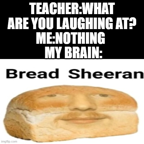 TEACHER:WHAT ARE YOU LAUGHING AT? ME:NOTHING; MY BRAIN: | image tagged in teacher what are you laughing at,memes,funny,ed sheeran | made w/ Imgflip meme maker