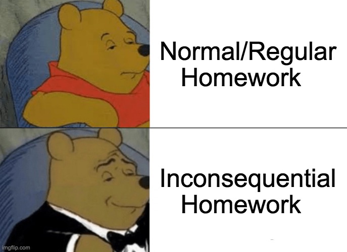 types of homework | Normal/Regular Homework; Inconsequential Homework | image tagged in memes,tuxedo winnie the pooh | made w/ Imgflip meme maker