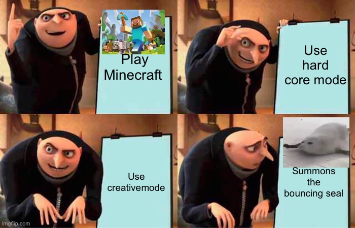 Minecraft plans for today | Use hard core mode; Play Minecraft; Use creativemode; Summons the bouncing seal | image tagged in memes,gru's plan | made w/ Imgflip meme maker