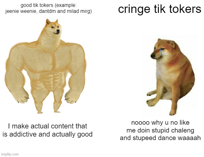 Buff Doge vs. Cheems Meme | good tik tokers (example: jeenie weenie, dantdm and milad mirg); cringe tik tokers; I make actual content that is addictive and actually good; noooo why u no like me doin stupid chaleng and stupeed dance waaaah | image tagged in memes,buff doge vs cheems | made w/ Imgflip meme maker