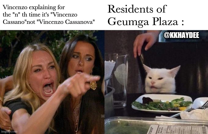 Kdrama crumbs | Vincenzo explaining for the "n" th time it's "Vincenzo Cassano"not "Vincenzo Cassanova"; Residents of Geumga Plaza :; @KKHAYDEE | image tagged in memes,woman yelling at cat | made w/ Imgflip meme maker