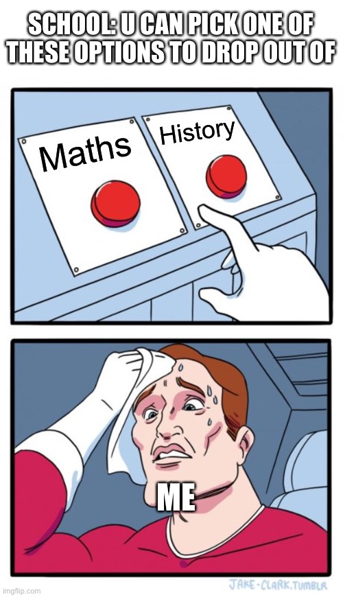 What will u pick | SCHOOL: U CAN PICK ONE OF THESE OPTIONS TO DROP OUT OF; History; Maths; ME | image tagged in memes,two buttons,english or history | made w/ Imgflip meme maker