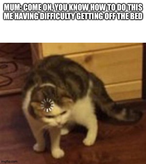 Beds | MUM: COME ON, YOU KNOW HOW TO DO THIS

ME HAVING DIFFICULTY GETTING OFF THE BED | image tagged in loading cat | made w/ Imgflip meme maker