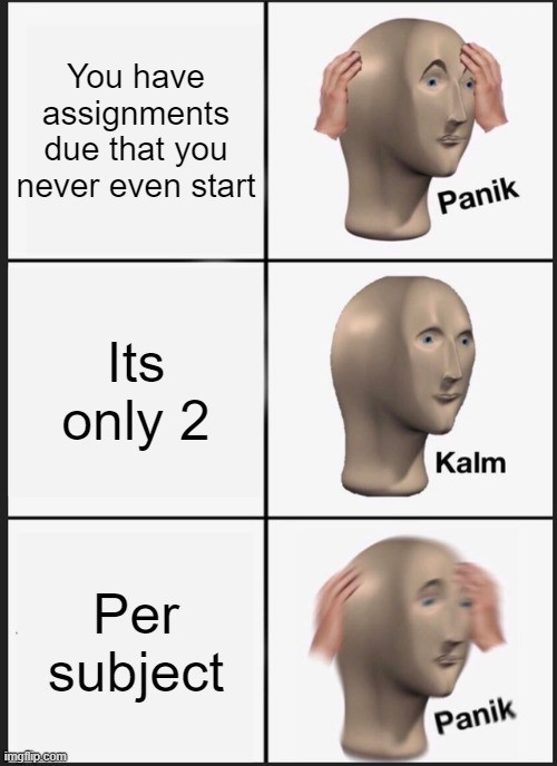My life rn | You have assignments due that you never even start; Its only 2; Per subject | image tagged in memes,panik kalm panik | made w/ Imgflip meme maker