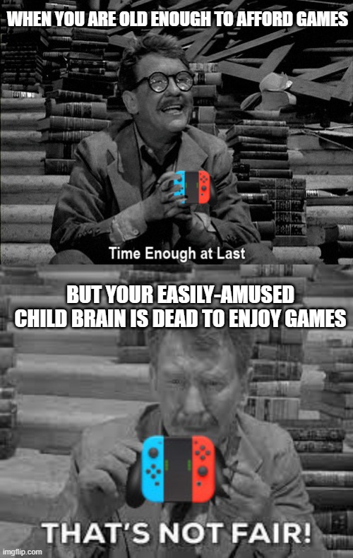Easily-Amused Child Brain is Dead | WHEN YOU ARE OLD ENOUGH TO AFFORD GAMES; BUT YOUR EASILY-AMUSED CHILD BRAIN IS DEAD TO ENJOY GAMES | image tagged in gaming,gamers,gamers at 40,40,twilight zone | made w/ Imgflip meme maker