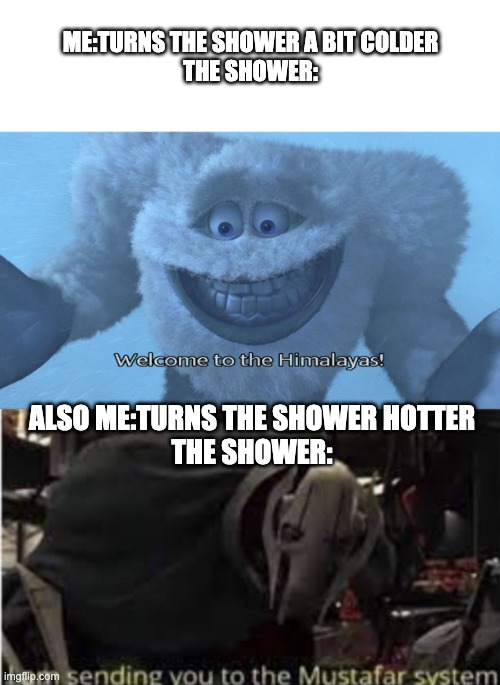 ME:TURNS THE SHOWER A BIT COLDER
THE SHOWER:; ALSO ME:TURNS THE SHOWER HOTTER
THE SHOWER: | image tagged in welcome to the himalayas | made w/ Imgflip meme maker