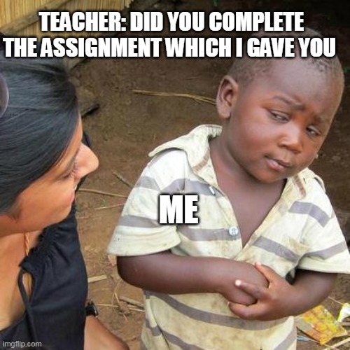 meme for fun | TEACHER: DID YOU COMPLETE THE ASSIGNMENT WHICH I GAVE YOU; ME | image tagged in memes,third world skeptical kid | made w/ Imgflip meme maker