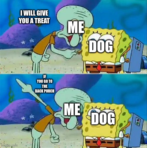 how to get your dogs to listen to you |  ME; I WILL GIVE YOU A TREAT; DOG; IF YOU GO TO THE BACK PORCH; ME; DOG | image tagged in memes,talk to spongebob,dog,dogs | made w/ Imgflip meme maker