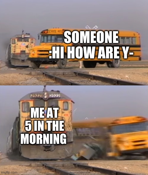 A train hitting a school bus | SOMEONE :HI HOW ARE Y-; ME AT 5 IN THE MORNING | image tagged in a train hitting a school bus | made w/ Imgflip meme maker