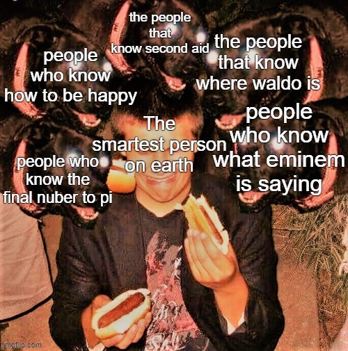 the people that know second aid; the people that know where waldo is; people who know how to be happy; people who know what eminem is saying; The smartest person on earth; people who know the final nuber to pi | image tagged in this isn't funny,change my mind | made w/ Imgflip meme maker