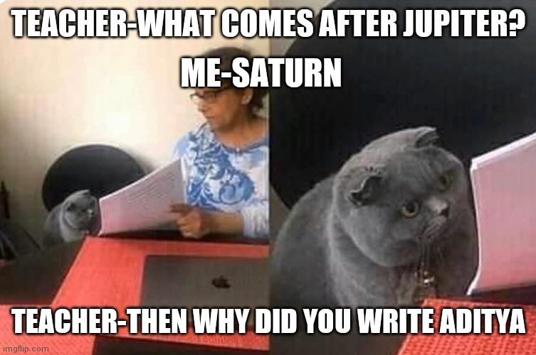 Cat teacher | TEACHER-WHAT COMES AFTER JUPITER? ME-SATURN; TEACHER-THEN WHY DID YOU WRITE ADITYA | image tagged in cat teacher | made w/ Imgflip meme maker