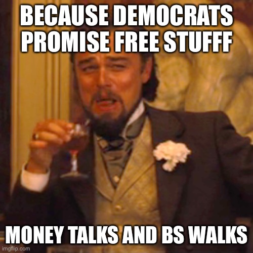 Laughing Leo Meme | BECAUSE DEMOCRATS PROMISE FREE STUFFF MONEY TALKS AND BS WALKS | image tagged in memes,laughing leo | made w/ Imgflip meme maker