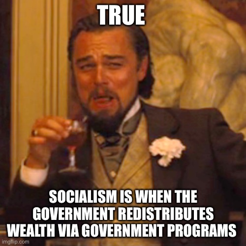Laughing Leo Meme | TRUE SOCIALISM IS WHEN THE GOVERNMENT REDISTRIBUTES WEALTH VIA GOVERNMENT PROGRAMS | image tagged in memes,laughing leo | made w/ Imgflip meme maker
