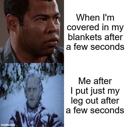 You experience this, don't you? | When I'm covered in my blankets after a few seconds; Me after I put just my leg out after a few seconds | image tagged in hot,cold,let me sleep | made w/ Imgflip meme maker