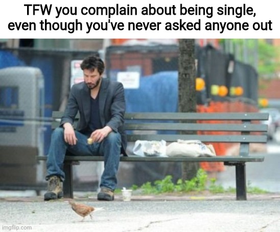 Sometimes I make memes to cope with life | TFW you complain about being single, even though you've never asked anyone out | image tagged in memes,sad keanu,love,relationship woes,the struggle,the struggle is real | made w/ Imgflip meme maker