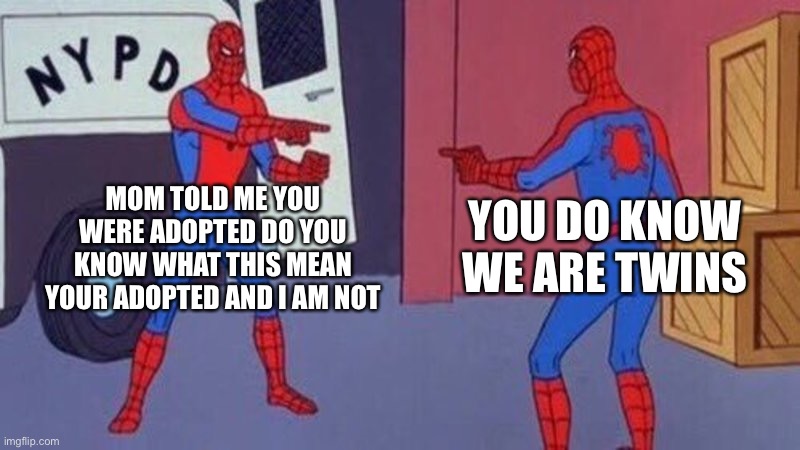 Your adopted! We are twins!!! | MOM TOLD ME YOU WERE ADOPTED DO YOU KNOW WHAT THIS MEAN YOUR ADOPTED AND I AM NOT; YOU DO KNOW WE ARE TWINS | image tagged in spiderman pointing at spiderman | made w/ Imgflip meme maker