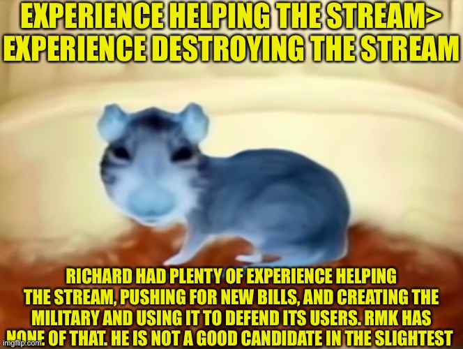EXPERIENCE HELPING THE STREAM> EXPERIENCE DESTROYING THE STREAM; RICHARD HAD PLENTY OF EXPERIENCE HELPING THE STREAM, PUSHING FOR NEW BILLS, AND CREATING THE MILITARY AND USING IT TO DEFEND ITS USERS. RMK HAS NONE OF THAT. HE IS NOT A GOOD CANDIDATE IN THE SLIGHTEST | made w/ Imgflip meme maker
