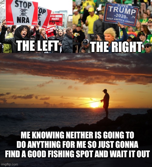 Man, politics, am I right ppl? | THE LEFT; THE RIGHT; ME KNOWING NEITHER IS GOING TO DO ANYTHING FOR ME SO JUST GONNA FIND A GOOD FISHING SPOT AND WAIT IT OUT | image tagged in the left,the right,republicans,democrats,fishing | made w/ Imgflip meme maker