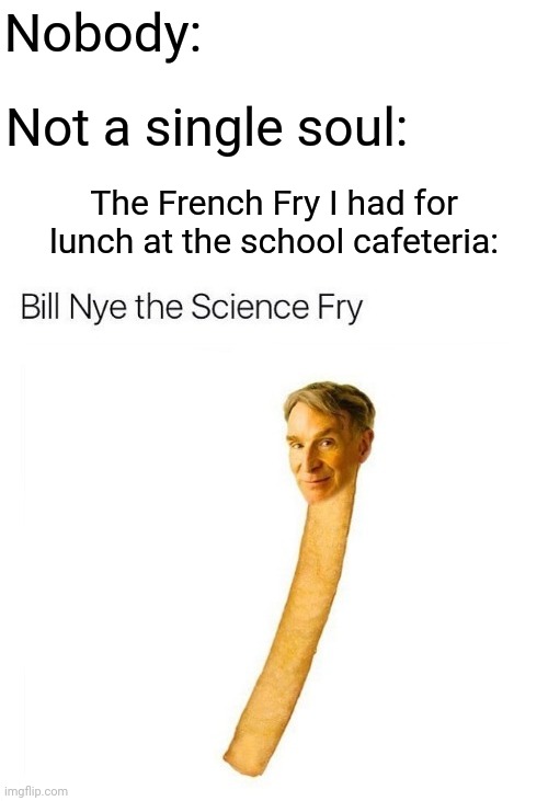The French Fry I had for lunch | Nobody:; Not a single soul:; The French Fry I had for lunch at the school cafeteria: | image tagged in blank white template,funny,memes,french fries,bill nye the science guy,nobody absolutely no one | made w/ Imgflip meme maker