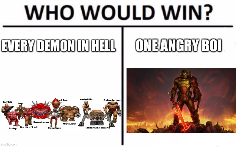 Who Would Win? | ONE ANGRY BOI; EVERY DEMON IN HELL | image tagged in memes,who would win | made w/ Imgflip meme maker