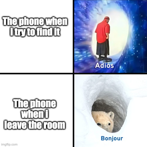 why does this happen to me- | The phone when i try to find it; The phone when i leave the room | image tagged in adios bonjour | made w/ Imgflip meme maker