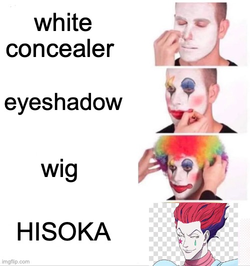Clown Applying Makeup | white concealer; eyeshadow; wig; HISOKA | image tagged in memes,clown applying makeup | made w/ Imgflip meme maker