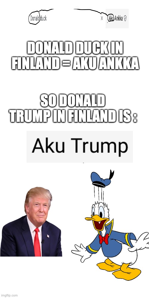 Trump = Donald duck | DONALD DUCK IN FINLAND = AKU ANKKA; SO DONALD TRUMP IN FINLAND IS : | image tagged in memes,blank transparent square | made w/ Imgflip meme maker