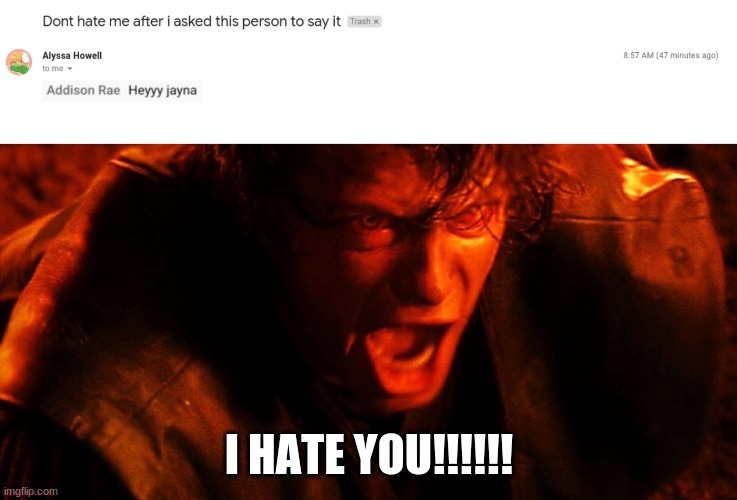 I HATE YOU!!!!!! | image tagged in anakin i hate you | made w/ Imgflip meme maker