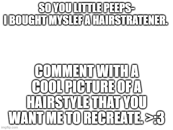 Blank White Template | SO YOU LITTLE PEEPS-
I BOUGHT MYSLEF A HAIRSTRATENER. COMMENT WITH A COOL PICTURE OF A HAIRSTYLE THAT YOU WANT ME TO RECREATE. >:3 | image tagged in blank white template | made w/ Imgflip meme maker