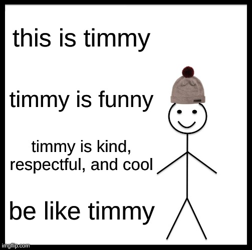 be like timmy | this is timmy; timmy is funny; timmy is kind, respectful, and cool; be like timmy | image tagged in memes | made w/ Imgflip meme maker