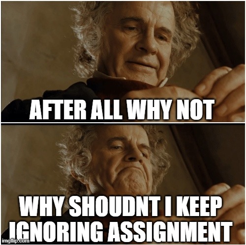 Bilbo - Why shouldn’t I keep it? | AFTER ALL WHY NOT; WHY SHOUDNT I KEEP IGNORING ASSIGNMENT | image tagged in bilbo - why shouldn t i keep it | made w/ Imgflip meme maker