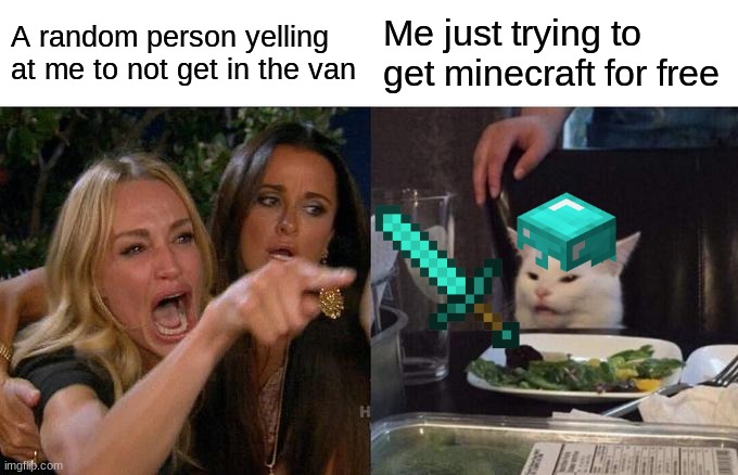 Woman Yelling At Cat | A random person yelling at me to not get in the van; Me just trying to get minecraft for free | image tagged in memes,woman yelling at cat | made w/ Imgflip meme maker