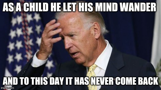 Joe Biden worries | AS A CHILD HE LET HIS MIND WANDER; AND TO THIS DAY IT HAS NEVER COME BACK | image tagged in joe biden worries | made w/ Imgflip meme maker