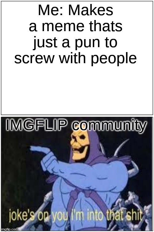 Thanks for the support bros | Me: Makes a meme thats just a pun to screw with people; IMGFLIP community | image tagged in memes,blank comic panel 1x2,imgflip community,jokes on you im into that shit | made w/ Imgflip meme maker