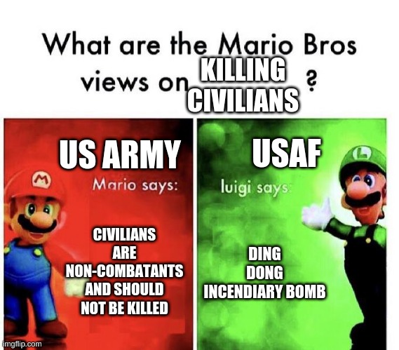 any veterans tell me if im wrong | KILLING CIVILIANS; US ARMY; USAF; CIVILIANS ARE NON-COMBATANTS AND SHOULD NOT BE KILLED; DING DONG INCENDIARY BOMB | image tagged in mario bros views | made w/ Imgflip meme maker