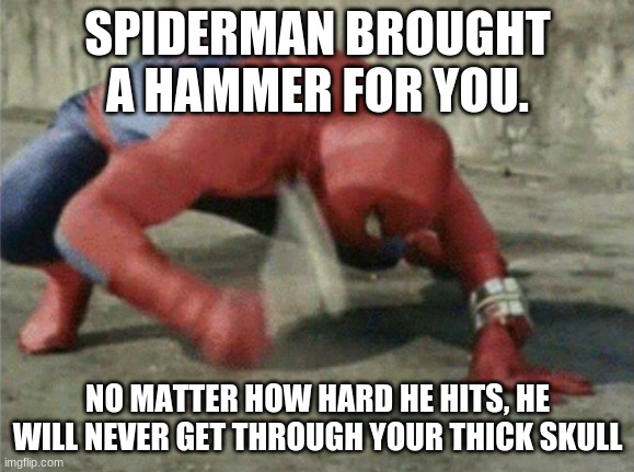 Spiderman wrench | SPIDERMAN BROUGHT A HAMMER FOR YOU. NO MATTER HOW HARD HE HITS, HE WILL NEVER GET THROUGH YOUR THICK SKULL | image tagged in spiderman wrench | made w/ Imgflip meme maker