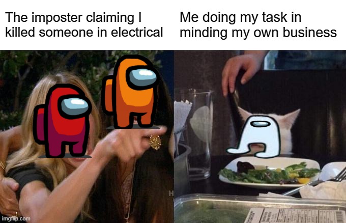 Woman Yelling At Cat Meme | The imposter claiming I killed someone in electrical; Me doing my task in minding my own business | image tagged in memes,woman yelling at cat | made w/ Imgflip meme maker